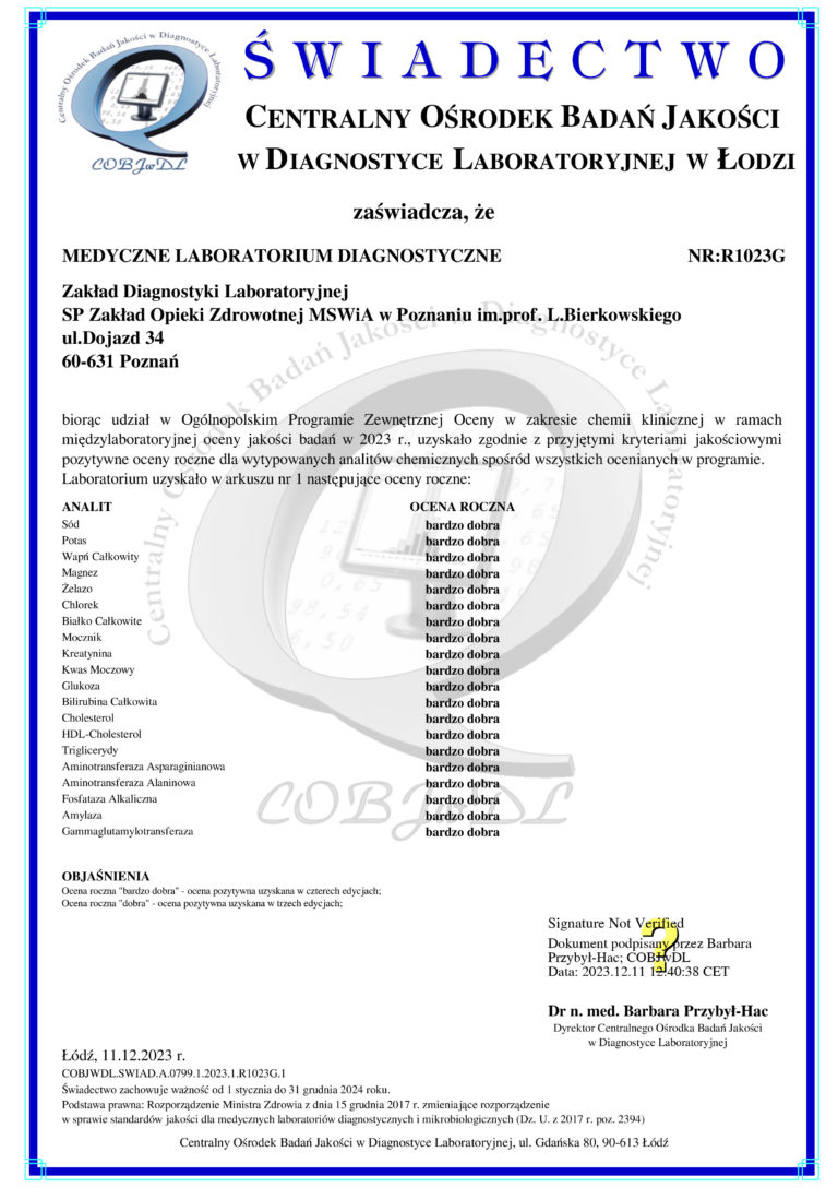 Świadectwo jakości dla Zakładu Diagnostyki Laboratoryjnej